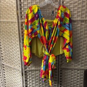 Women’s Vibrant Multi-Color Tie-Front Blouse and Short Set
